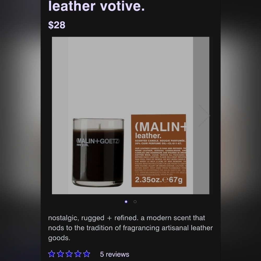 MALIN+GOETZ Leather Scented Votive - New - Picture 3 of 3